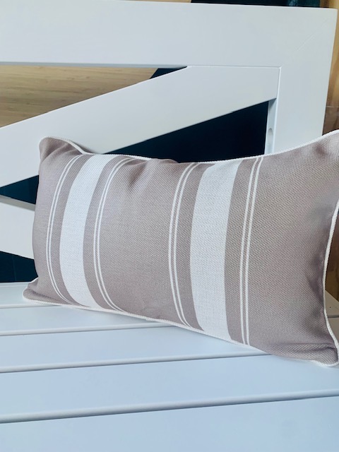 Sandy coloured white stripe outdoor cushion